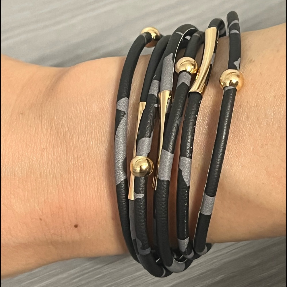 Gold and Faux Leather Magnetic Bracelet, Black and Gray with Gold Beads - Picture 2 of 5